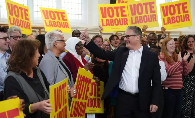 Britain's Prime Minister Keir Starmer gestures to supporters during a visit to All Saints Hall in south London, Tuesday May 5, 2026, whilst campaigning for the upcoming local elections. (Ben Whitley/PA via AP)