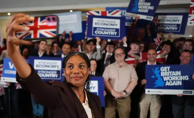Britain's Conservative Party leader Kemi Badenoch during a rally at the National Motorcycle Museum in Solihull, England, Tuesday May 5, 2026, whilst on the campaign trail for the upcoming local elections. (Jacob King/PA via AP)