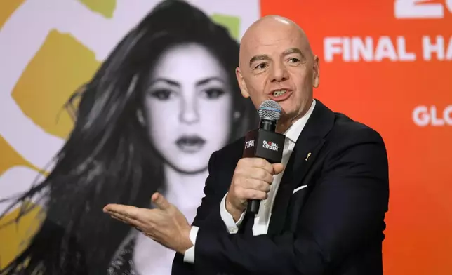 FIFA President Gianni Infantino speaks on a panel on the 2026 FIFA World Cup soccer tournament halftime show during the Global Citizen NOW summit, Thursday, May 14, 2026, in New York. (AP Photo/Heather Khalifa)