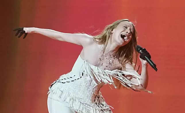 Leleka from Ukraine performs the song "Ridnym" during the second semifinal of the 70th Eurovision Song Contest in Vienna, Austria, Thursday, May 14, 2026. (AP Photo/Martin Meissner)