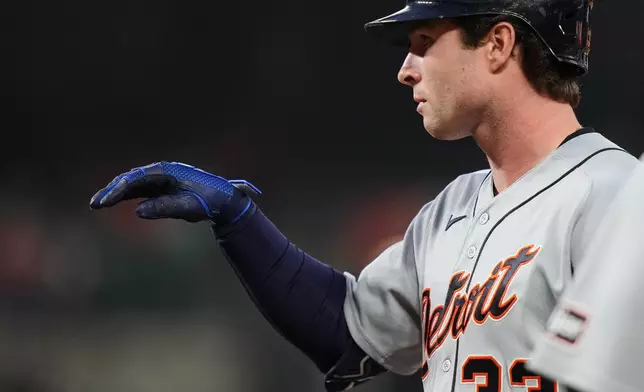 Detroit Tigers' Colt Keith celebrates after hitting a single during the eighth inning in the second baseball game of a doubleheader against the Baltimore Orioles, Sunday, May 24, 2026, in Baltimore. (AP Photo/Stephanie Scarbrough)