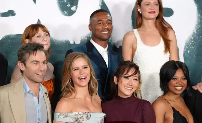 From left, cast members Chace Crawford, Valorie Curry, Erin Moriarty, Jessie T. Usher, Karen Fukuhara, Colby Minifie and Susan Heyward pose together at the premiere of the series finale of the fifth season of the Amazon Prime Video series "The Boys" on Tuesday, May 19, 2026, in Los Angeles. (AP Photo/Chris Pizzello)