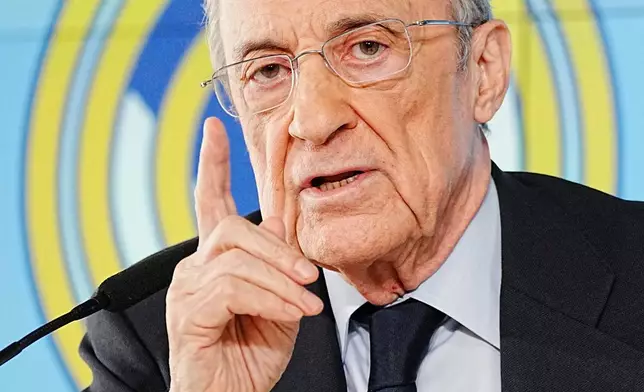 Real Madrid president Florentino Perez gives a press conference in Madrid, Tuesday, May 12, 2026. (AP Photo/Bernat Armangue)