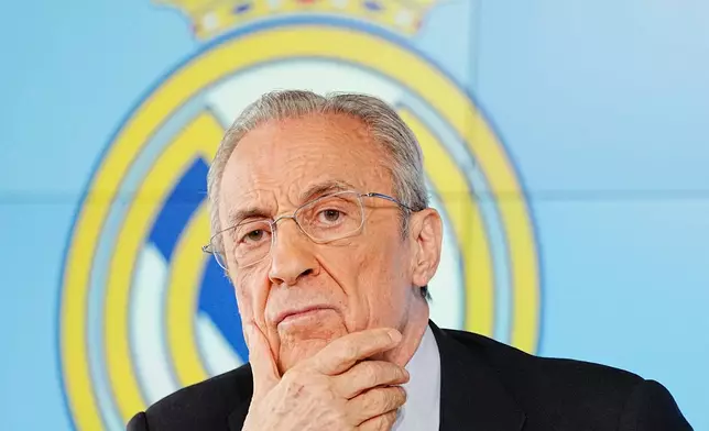 Real Madrid president Florentino Perez gives a press conference in Madrid, Tuesday, May 12, 2026. (AP Photo/Bernat Armangue)