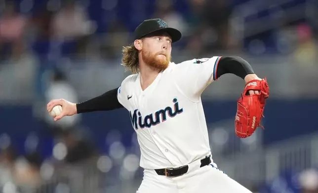 Miami Marlins starting pitcher Max Meyer pitches during the first inning of a baseball game against the Atlanta Braves, Monday, May 18, 2026, in Miami. (AP Photo/Rebecca Blackwell)
