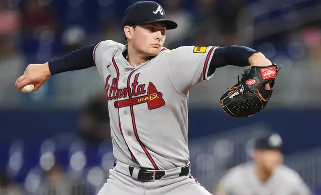 Atlanta Braves starting pitcher JR Ritchie pitches during the first inning of a baseball game against the Miami Marlins, Monday, May 18, 2026, in Miami. (AP Photo/Rebecca Blackwell)