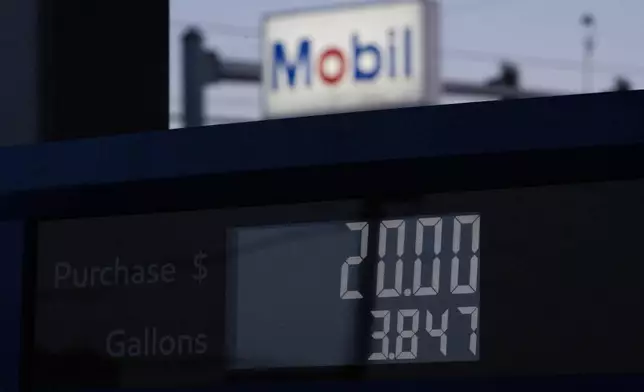 A display shows $20 for gasoline on a gas pump at a Mobil gas station on Wednesday, April 29, 2026, in Portland, Ore. (AP Photo/Jenny Kane)