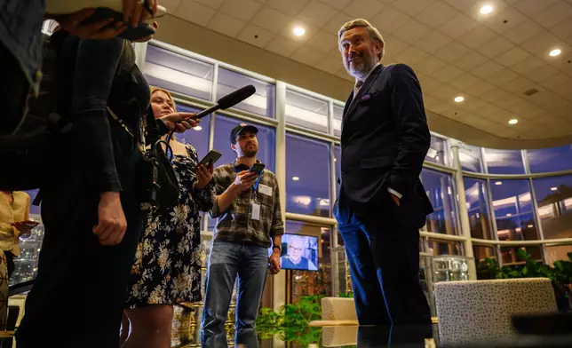 Rep. Thomas Massie, R-KY, speaks to reporters after a Kentucky Educational Television (KET) debate, Monday, May 4, 2026, in Lexington, Ky. (AP Photo/Jon Cherry)