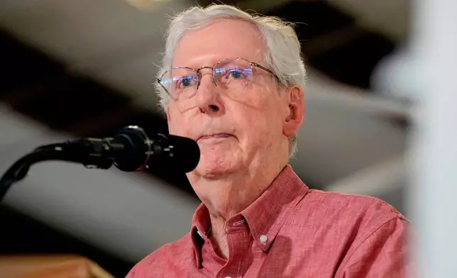 FILE - Sen. Mitch McConnell, R-Ky., speaks at an event, Aug. 2, 2025, in Fancy Farm, Ky. (AP Photo/Mark Humphrey, File)