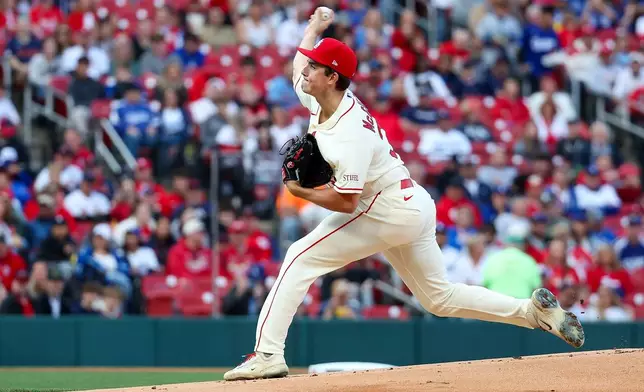St. Louis Cardinals pitcher Michael McGreevy throws during the first inning of a baseball game against the Los Angeles Dodgers, Saturday, May 2, 2026, in St. Louis. (AP Photo/Scott Kane)