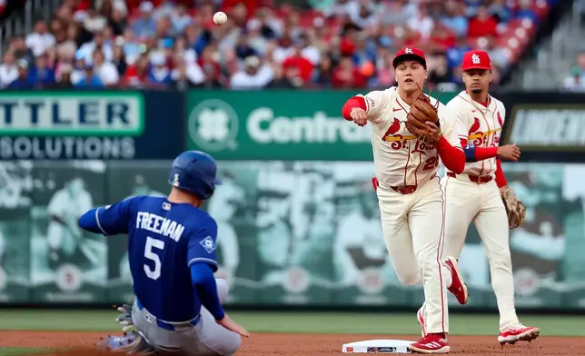 St. Louis Cardinals' JJ Wetherholt turns a double play over Los Angeles Dodgers' Freddie Freeman during the first inning of a baseball game Saturday, May 2, 2026, in St. Louis. (AP Photo/Scott Kane)
