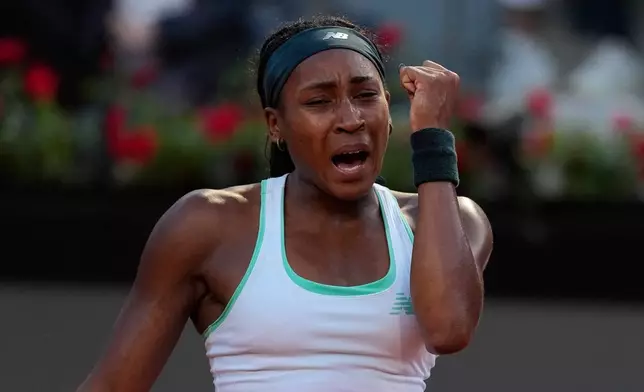 United States' Coco Gauff reacts as she plays against Ukraine's Elina Svitolina during their women's final match at the Italian Open tennis tournament in Rome, Saturday, May 16, 2026. (AP Photo/Alessandra Tarantino)