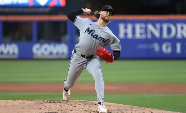 Miami Marlins pitcher Max Meyer throws during the second inning of a baseball game against the New York Mets, Friday, May 29, 2026, in New York. (AP Photo/Pamela Smith)