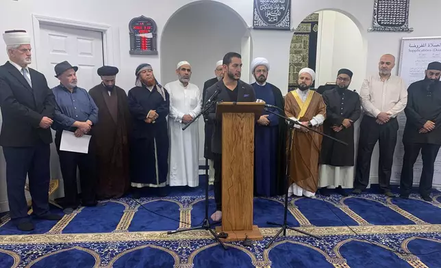 Abdul El-Sayed, a Democratic candidate for the U.S. Senate from Michigan, speaks at a news conference hosted by the Imams Council of Michigan at the Dawah Institute mosque Wednesday, May 20, 2026, in Detroit. (AP Photo/Mike Householder)