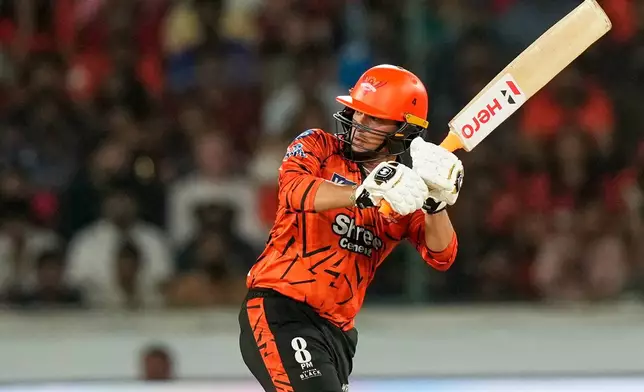 Sunrisers Hyderabad's Abhishek Sharma hits a boundary during the Indian Premier League cricket match between Sunrisers Hyderabad and Royal Challengers Bengaluru in Hyderabad, India, Friday, May 22, 2026. (AP Photo/Mahesh Kumar A.)