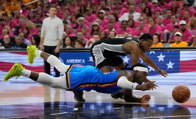 Oklahoma City Thunder guard Luguentz Dort, front, and San Antonio Spurs guard De'aaron Fox compete for the ball during the second half of Game 3 in the Western Conference finals NBA basketball playoffs series Friday, May 22, 2026, in San Antonio. (AP Photo/Ashley Landis)