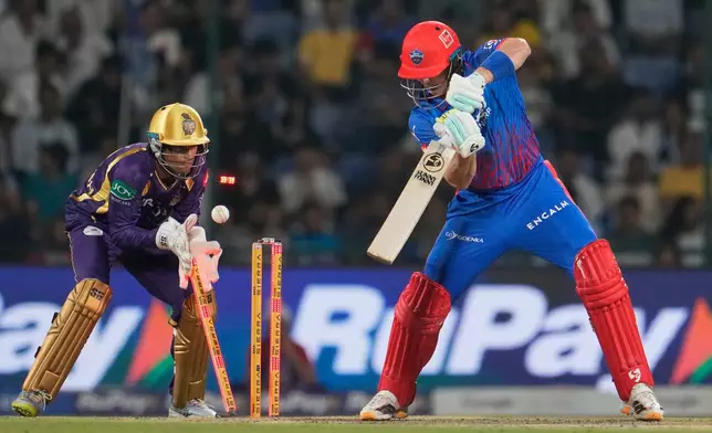 Delhi Capitals' Tristan Stubbs is bowled out by Kolkata Knight Riders' Anukul Roy during the Indian Premier League cricket match between Delhi Capitals and Kolkata Knight Riders in New Delhi, India, Friday, May 8, 2026. (AP Photo/Manish Swarup)