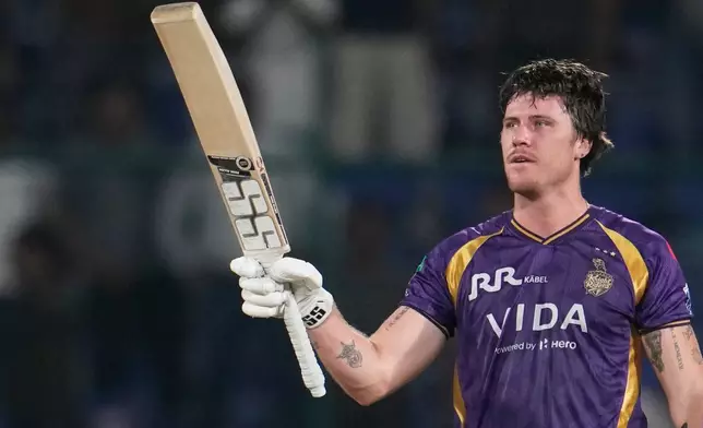 Kolkata Knight Riders' Finn Allen celebrates his century during the Indian Premier League cricket match between Delhi Capitals and Kolkata Knight Riders in New Delhi, India, Friday, May 8, 2026. (AP Photo/Manish Swarup)