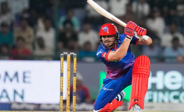 Delhi Capitals' Ashutosh Sharma plays a shot during the Indian Premier League cricket match between Delhi Capitals and Kolkata Knight Riders in New Delhi, India, Friday, May 8, 2026. (AP Photo/Manish Swarup)