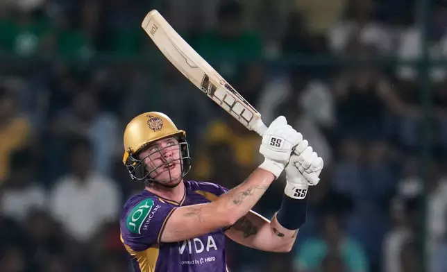 Kolkata Knight Riders' Finn Allen plays a shot during the Indian Premier League cricket match between Delhi Capitals and Kolkata Knight Riders in New Delhi, India, Friday, May 8, 2026. (AP Photo/Manish Swarup)