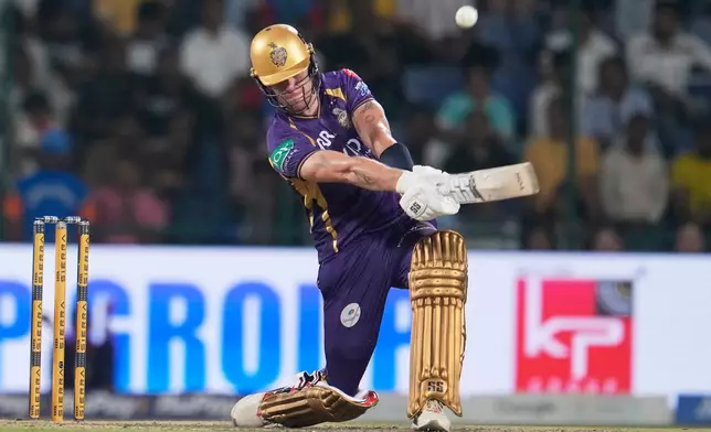 Kolkata Knight Riders' Finn Allen plays a shot during the Indian Premier League cricket match between Delhi Capitals and Kolkata Knight Riders in New Delhi, India, Friday, May 8, 2026. (AP Photo/Manish Swarup)