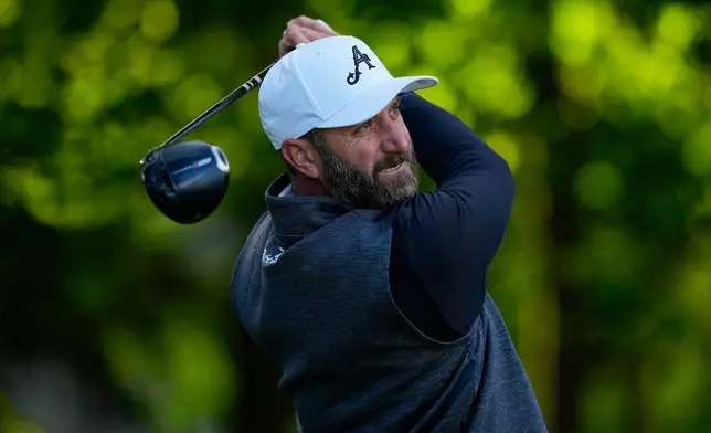 Dustin Johnson hits from the fourth tee during the second round of the PGA Championship golf tournament at Aronimink Golf Club, Friday, May 15, 2026, in Newtown Square, PA. (AP Photo/Carolyn Kaster)