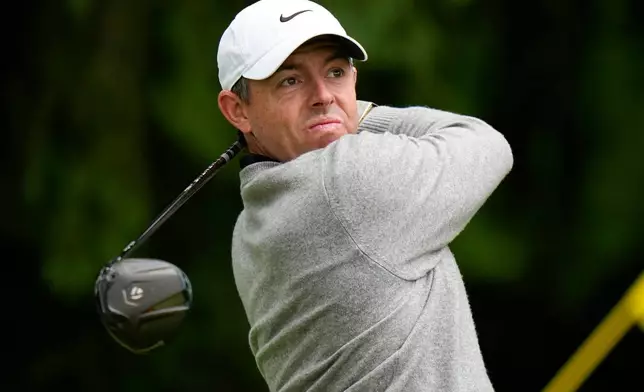 Rory McIlroy, of Northern Ireland, hits from the fourth tee during the second round of the PGA Championship golf tournament at Aronimink Golf Club, Friday, May 15, 2026, in Newtown Square, PA. (AP Photo/Frank Franklin II)