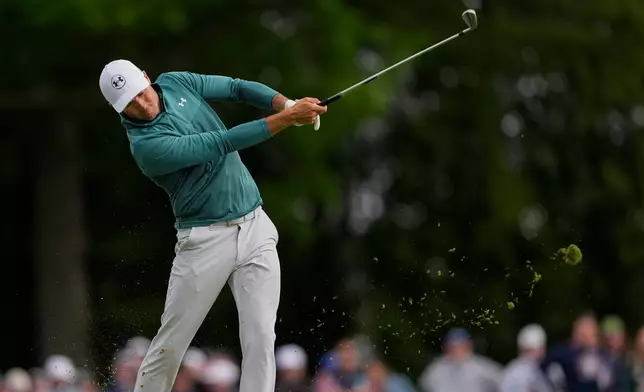 Jordan Spieth hits from the 13th fairway during the second round of the PGA Championship golf tournament at Aronimink Golf Club, Friday, May 15, 2026, in Newtown Square, PA. (AP Photo/Carolyn Kaster)