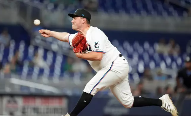 Miami Marlins pitcher William Kempner pitches during the eighth inning of a baseball game against the Baltimore Orioles, Tuesday, May 5, 2026, in Miami. (AP Photo/Rebecca Blackwell)