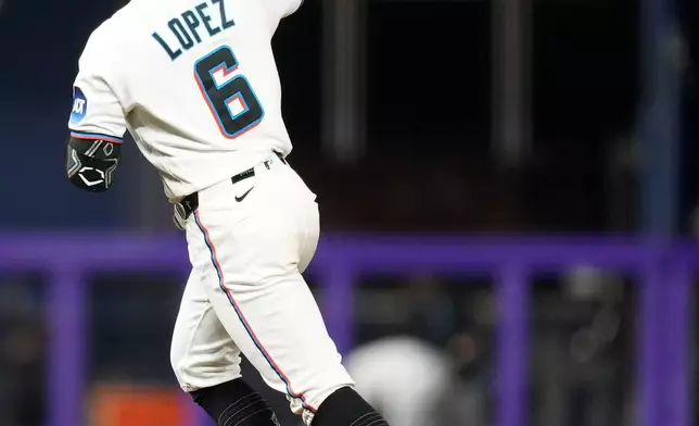 Miami Marlins' Otto Lopez runs after hitting a home run during the seventh inning of a baseball game against the Baltimore Orioles, Tuesday, May 5, 2026, in Miami. (AP Photo/Rebecca Blackwell)