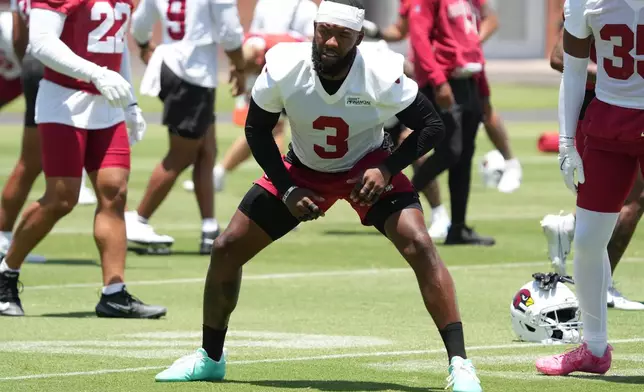 Arizona Cardinals safety Budda Baker (3) participates in the NFL football team's practice, Wednesday, May 27, 2026, in Tempe, Ariz. (AP Photo/Rick Scuteri)