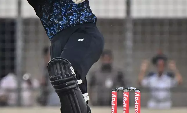New Zealand's Bevon Jacobs plays a shot during the third T20 international cricket match between Bangladesh and New Zealand in Mirpur, Bangladesh, Saturday, May 2, 2026. (AP Photo/Mosaraf Hossain)