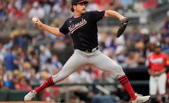Washington Nationals pitcher Miles Mikolas works in the second inning of a baseball game against the Atlanta Braves, Friday, May 22, 2026, in Atlanta. (AP Photo/Mike Stewart)