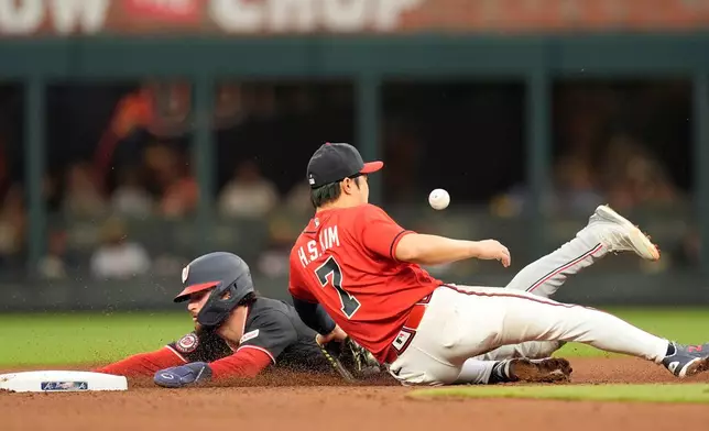 Washington Nationals' Dylan Crews steals second base against Atlanta Braves shortstop Ha-Seong Kim in the third inning of a baseball game, Friday, May 22, 2026, in Atlanta. (AP Photo/Mike Stewart)