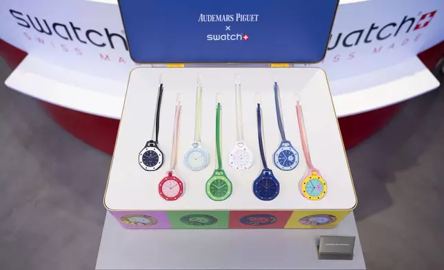 The new Royal Pop watches by Swatch and Audemars Piguet, at the Swatch Drive-Thru Store next to Swatch headquarters in Biel/Bienne, Switzerland, Saturday, May 16, 2026. (Anthony Anex/Keystone via AP)