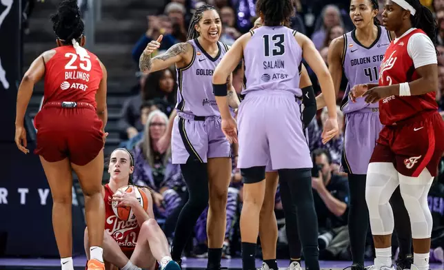 The Golden State Valkyries celebrate a turnover by the Indiana Fever during the first half of a WNBA basketball game in San Francisco on Thursday, May 28, 2026. (Carlos Avila Gonzalez/San Francisco Chronicle via AP)