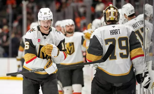 Vegas Golden Knights right wing Pavel Dorofeyev, left, celebrates his goal with goaltender Carter Hart during the third period in Game 6 of a second-round NHL hockey Stanley Cup playoff series against the Anaheim Ducks, Thursday, May 14, 2026, in Anaheim, Calif. (AP Photo/Mark J. Terrill)