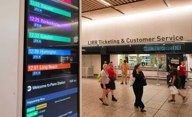 Departure times for Long Island Rail Road trains are displayed in Penn Station, in New York, Tuesday, May 19, 2026. (AP Photo/Richard Drew)