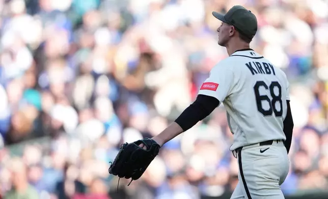 Seattle Mariners starting pitcher George Kirby looks to the outfield after giving up a two-run home run to San Diego Padres' Gavin Sheets during the sixth inning of a baseball game, Sunday, May 17, 2026, in Seattle. (AP Photo/Lindsey Wasson)