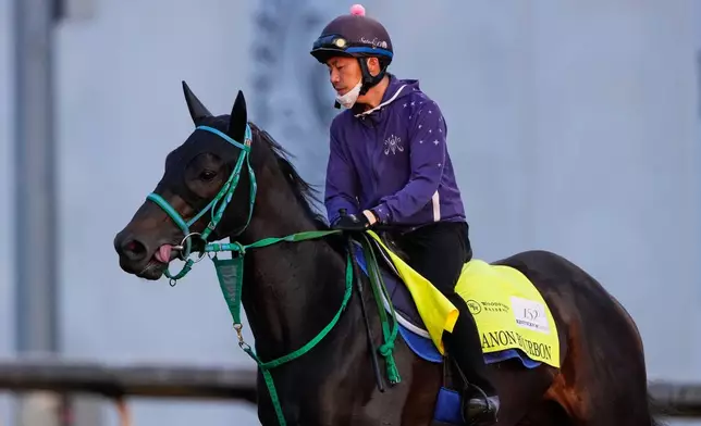 Kentucky Derby entrant Danon Bourbon works out at Churchill Downs Monday, April 27, 2026, in Louisville, Ky. (AP Photo/Charlie Riedel)