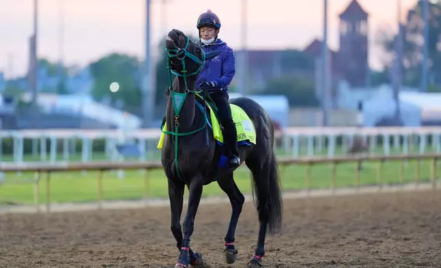 Kentucky Derby entrant Danon Bourbon works out at Churchill Downs Monday, April 27, 2026, in Louisville, Ky. (AP Photo/Charlie Riedel)