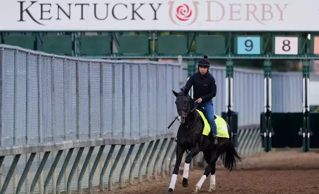 Kentucky Derby entrant Wonder Dean works out at Churchill Downs Monday, April 27, 2026, in Louisville, Ky. (AP Photo/Charlie Riedel)