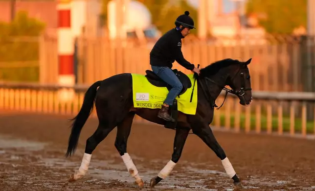 Japanese Kentucky Derby entrant Wonder Dean works out at Churchill Downs Thursday, April 30, 2026, in Louisville, Ky. (AP Photo/Charlie Riedel)