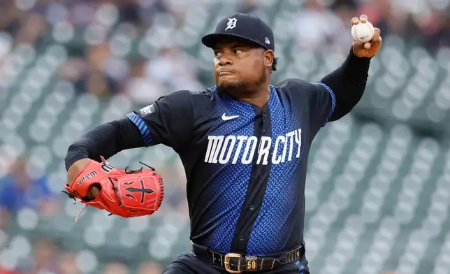 Detroit Tigers' Framber Valdez pitches against the Cleveland Guardians during the first inning of a baseball game Monday, May 18, 2026, in Detroit. (AP Photo/Duane Burleson)