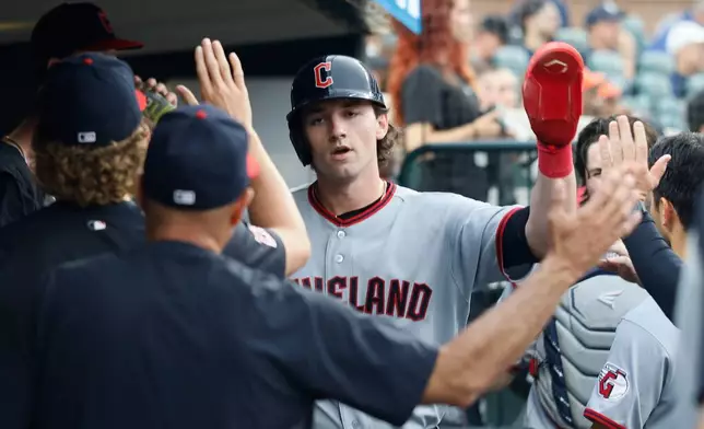 Cleveland Guardians' Chase DeLauter, center, celebrates in the dugout after scoring against the Detroit Tigers on a double hit by Rhys Hoskins during the third inning of a baseball game Monday, May 18, 2026, in Detroit. (AP Photo/Duane Burleson)