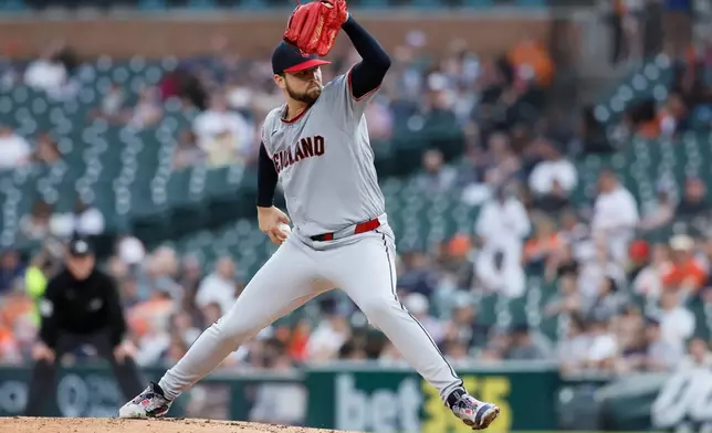 Cleveland Guardians' Slade Cecconi pitches against the Detroit Tigers during the third inning of a baseball game Monday, May 18, 2026, in Detroit. (AP Photo/Duane Burleson)