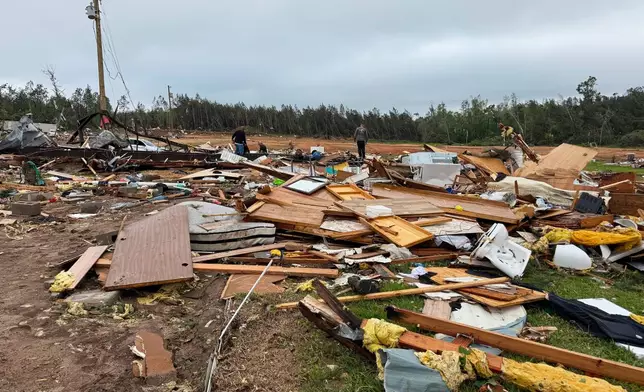 Damage to Gene’s Mobile Home Supply, a trailer park in Bogue Chitto, Miss., is seen Thursday, May, 7, 2026, after a tornado cut across the state. (AP Photo/Jack Brook)