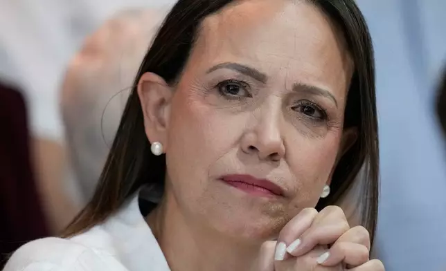 Venezuela's opposition leader Maria Corina Machado attends a press conference in Panama City, Saturday, May 23, 2026. (AP Photo/Matias Delacroix)