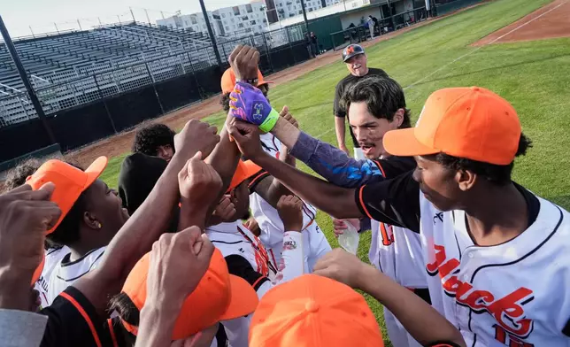 McClymonds High School players break a huddle after their loss to Skyline High School in Oakland, Calif., Friday, May 1, 2026. (AP Photo/Godofredo A. Vásquez)