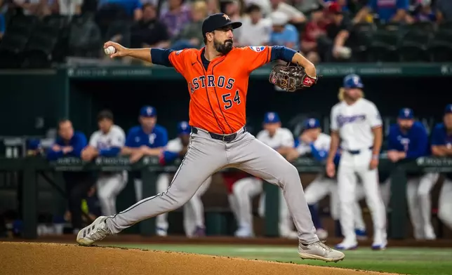 Houston Astros' Jason Alexander pitches during the first inning of a baseball game against the Texas Rangers, Tuesday, May 26, 2026, Arlington, Texas. (AP Photo/Jessica Tobias)